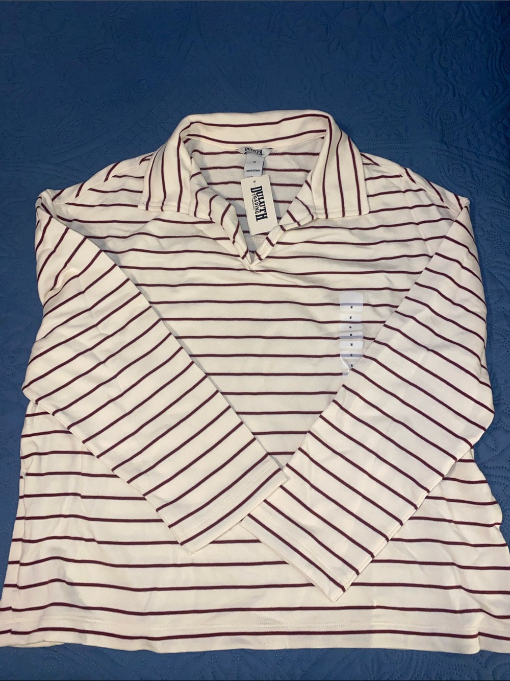Duluth Trading Co Cream Polo with Burgundy Stripes
